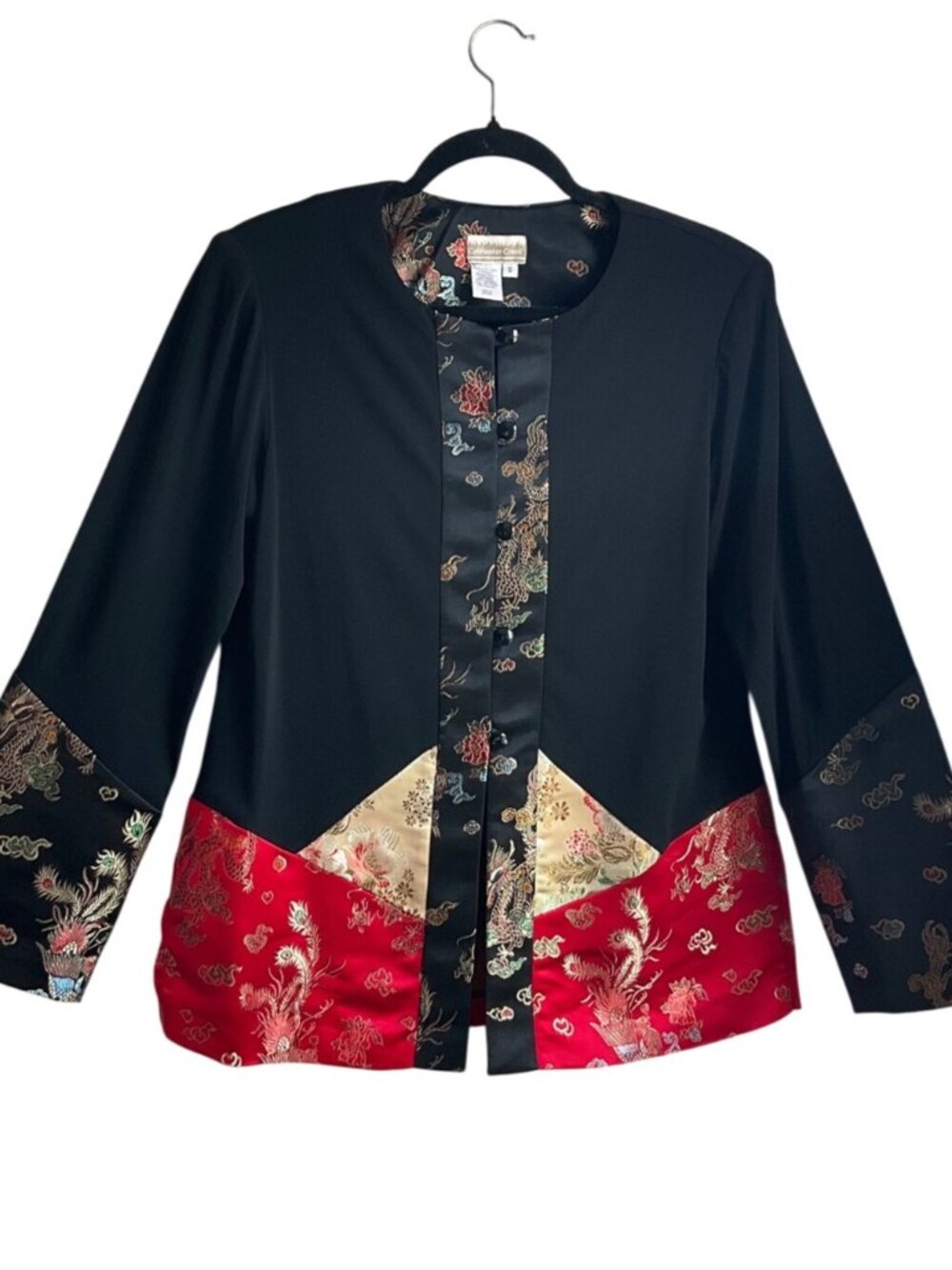 Coldwater Creek S Black Jacket Red Gold Asian Satin Trim Dragon Peacock Print